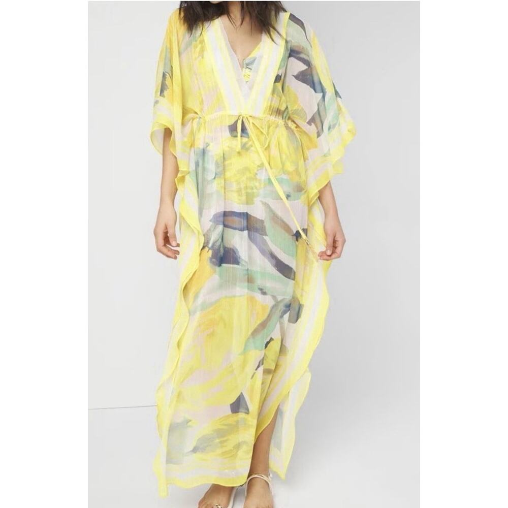 White House Black Market One Size Yellow Floral Sheer Maxi Kaftan Cover Up New